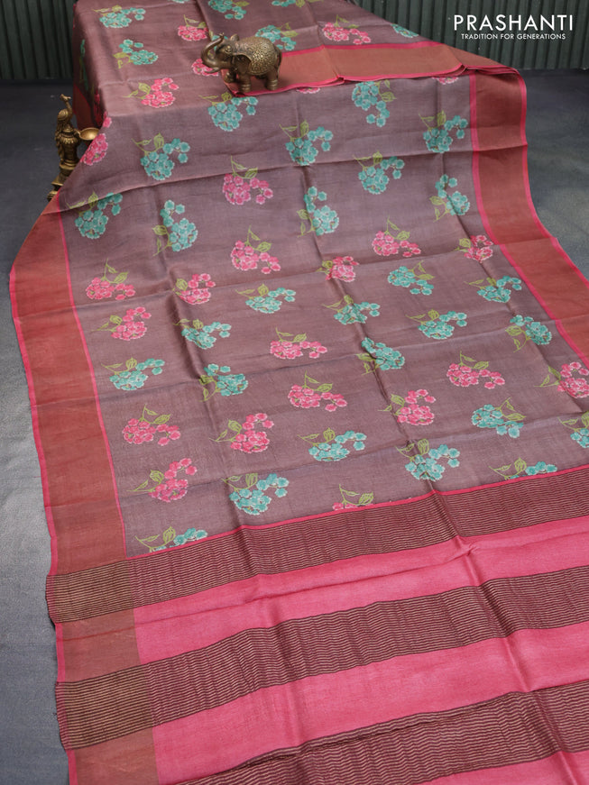 Pure tussar silk saree pastel brown and red with allover floral butta prints and zari woven border