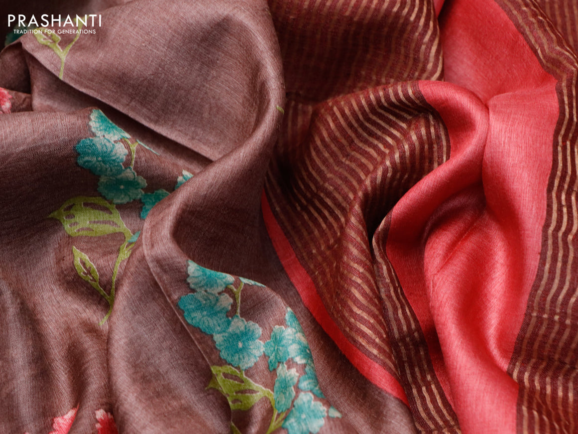 Pure tussar silk saree pastel brown and red with allover floral butta prints and zari woven border