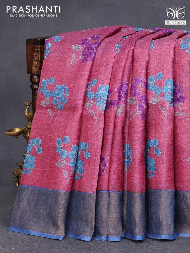 Pure tussar silk saree pink shade and blue with allover floral butta prints and zari woven border