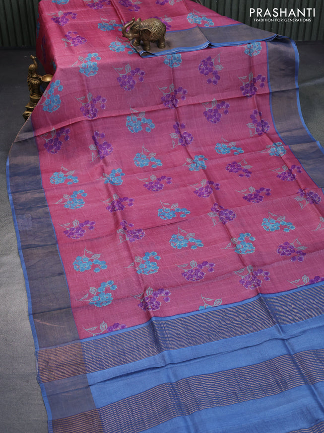 Pure tussar silk saree pink shade and blue with allover floral butta prints and zari woven border