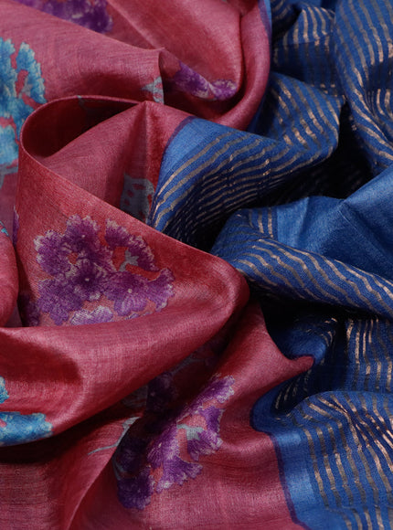 Pure tussar silk saree pink shade and blue with allover floral butta prints and zari woven border