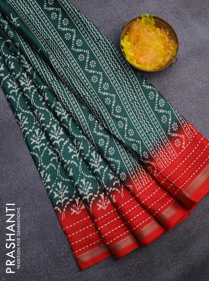 Semi dola saree dark green and red with allover ikkat prints and kantha work border