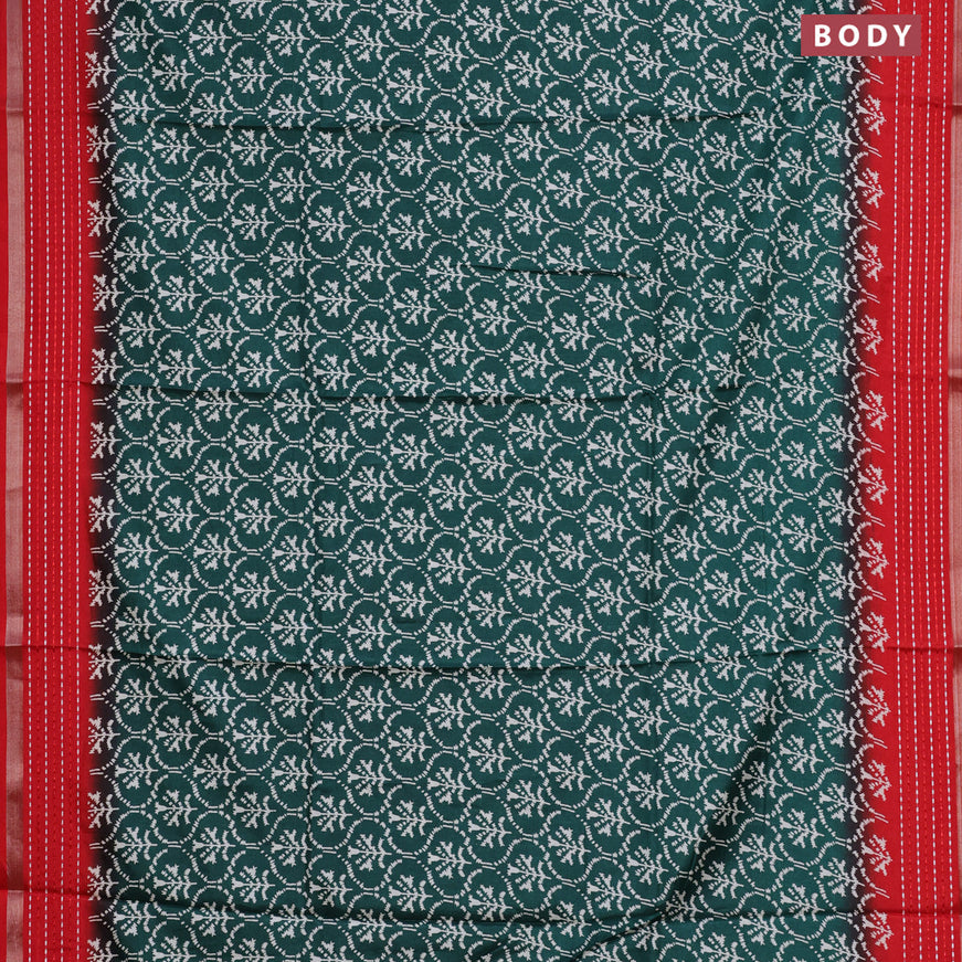 Semi dola saree dark green and red with allover ikkat prints and kantha work border