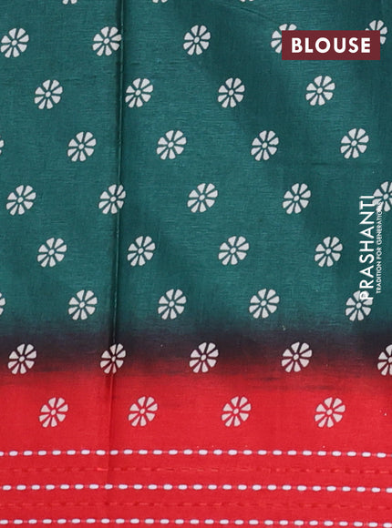 Semi dola saree dark green and red with allover ikkat prints and kantha work border