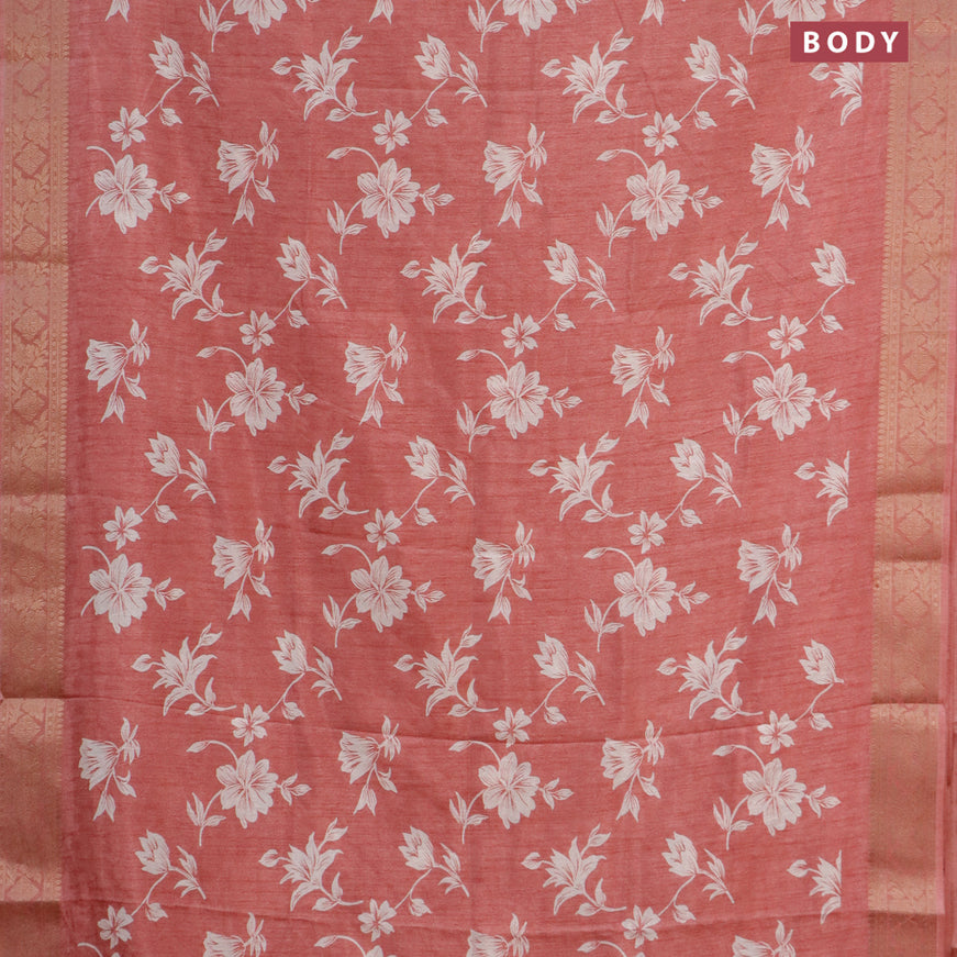 Semi dola saree peach shade with allover floral prints & self emboss and zari woven border