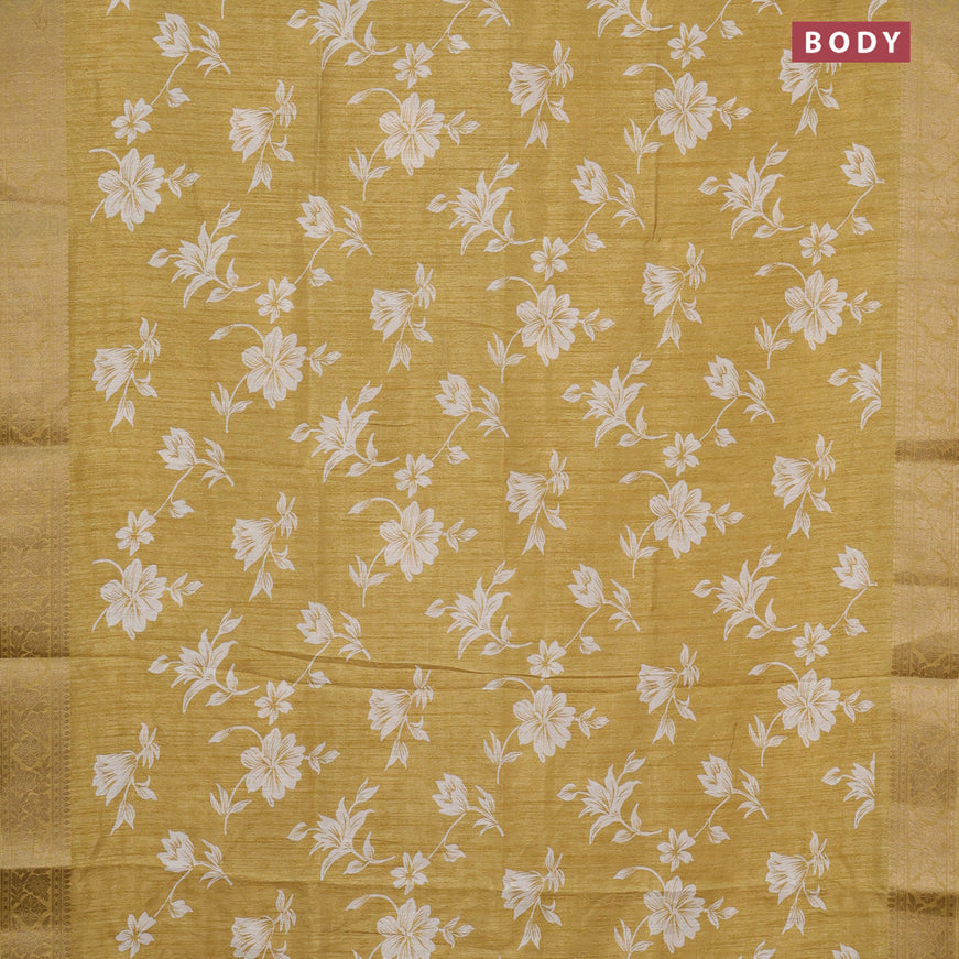 Semi dola saree yellow with allover floral prints & self emboss and zari woven border