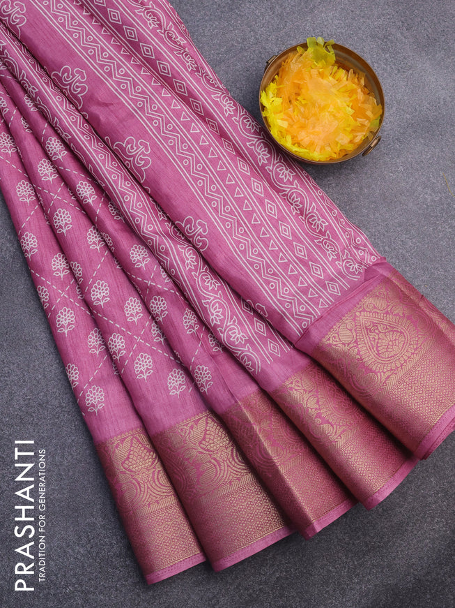 Semi dola saree mauve pink with allover floral prints and zari woven border