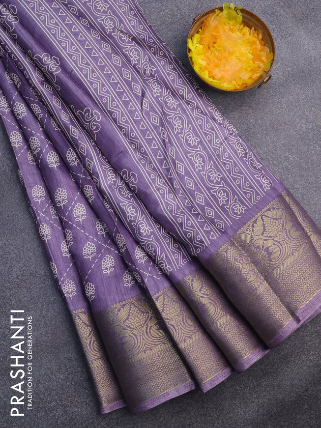 Semi dola saree pastel lavender with allover floral prints and zari woven border