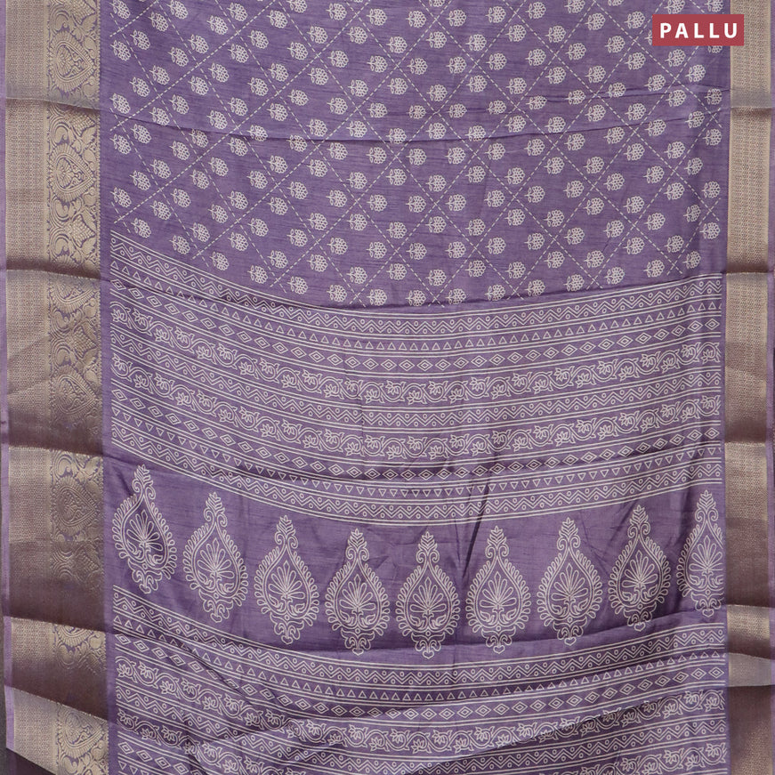 Semi dola saree pastel lavender with allover floral prints and zari woven border