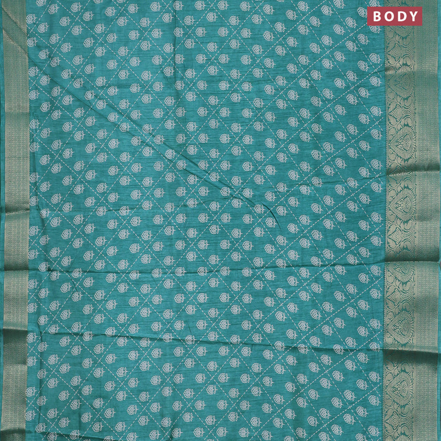 Semi dola saree teal green with allover floral prints and zari woven border