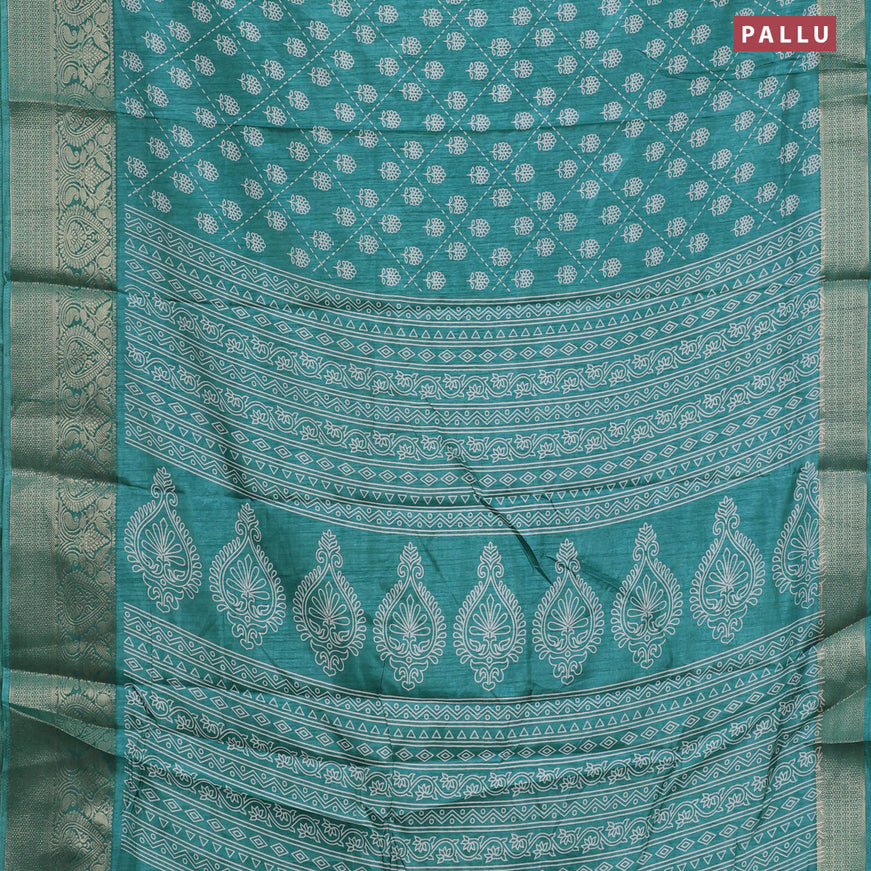 Semi dola saree teal green with allover floral prints and zari woven border