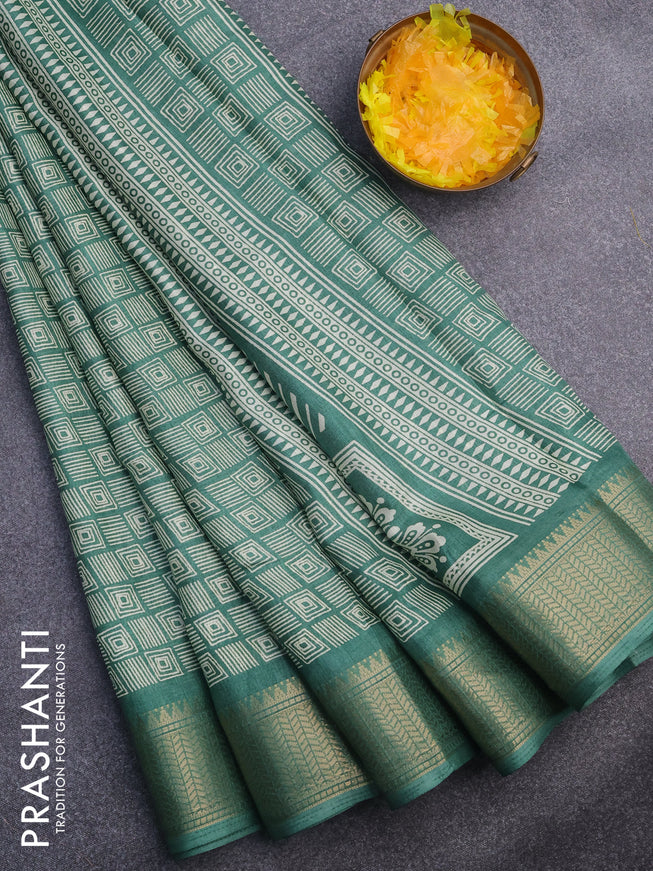 Semi dola saree green with allover geometric prints and zari woven border