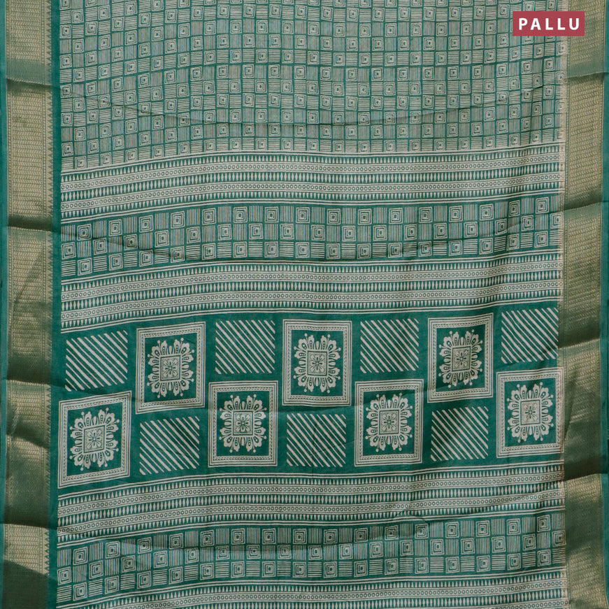 Semi dola saree green with allover geometric prints and zari woven border