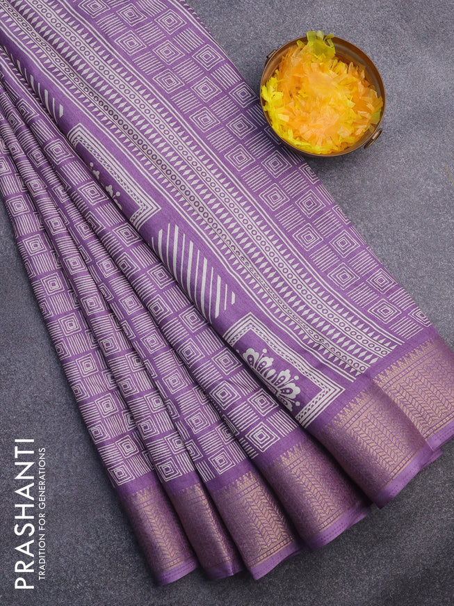 Semi dola saree pastel lavender shade with allover geometric prints and zari woven border