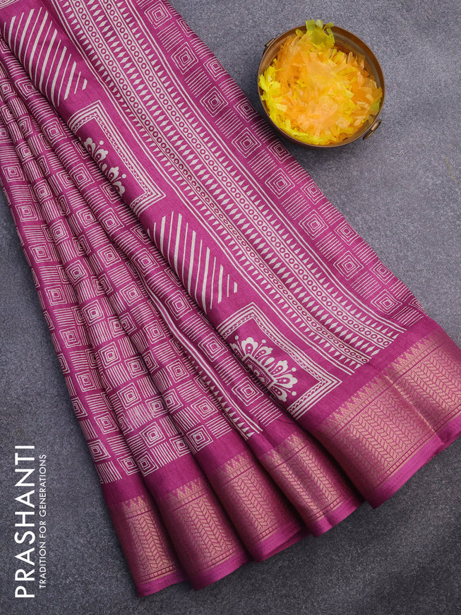 Semi dola saree magenta pink with allover geometric prints and zari woven border