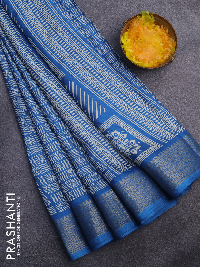 Semi dola saree cs blue with allover geometric prints and zari woven border