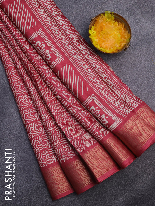 Semi dola saree pink with allover geometric prints and zari woven border