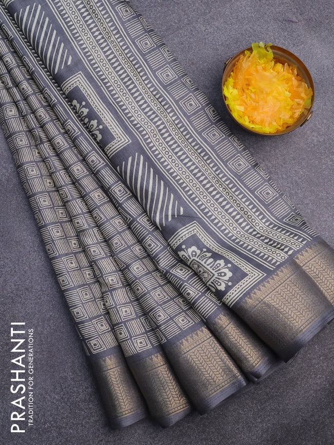 Semi dola saree grey with allover geometric prints and zari woven border