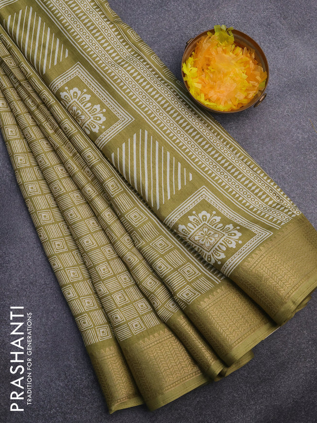 Semi dola saree mehendi green with allover geometric prints and zari woven border