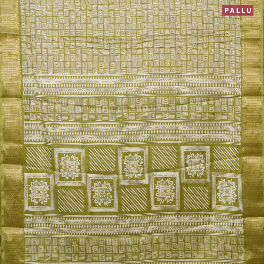 Semi dola saree mehendi green with allover geometric prints and zari woven border