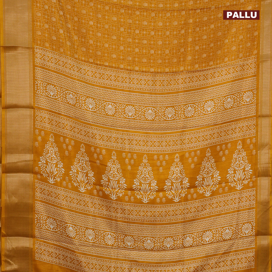 Semi dola saree mustard yellow with allover prints and zari woven border