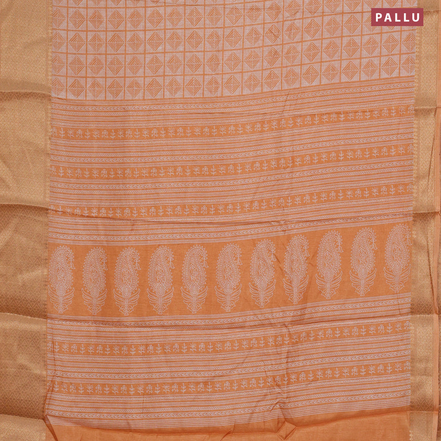 Semi dola saree peach orange with allover geometric prints and zari woven border