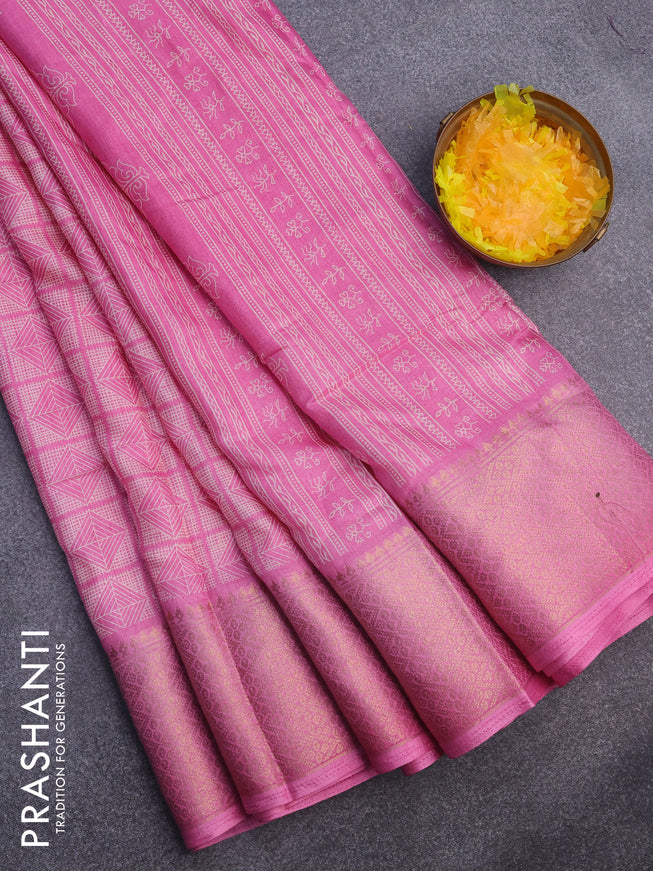 Semi dola saree light pink with allover geometric prints and zari woven border