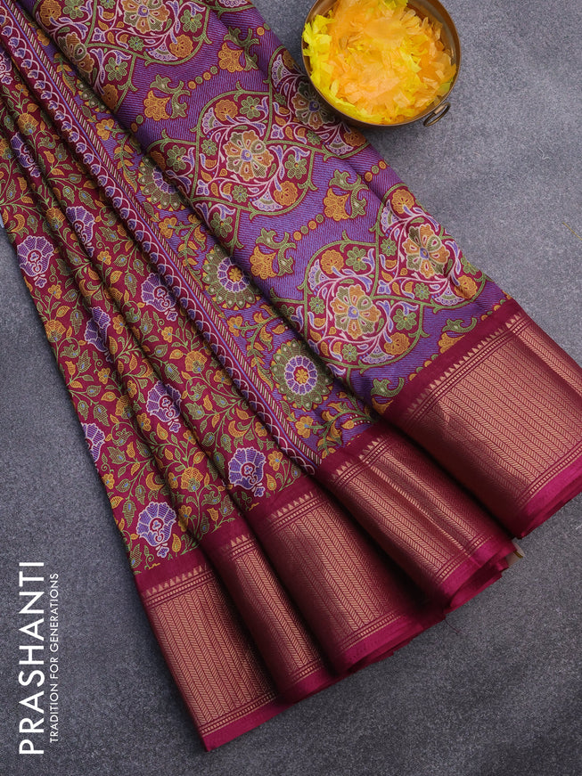 Semi dola saree wine shade with allover floral prints and zari woven border