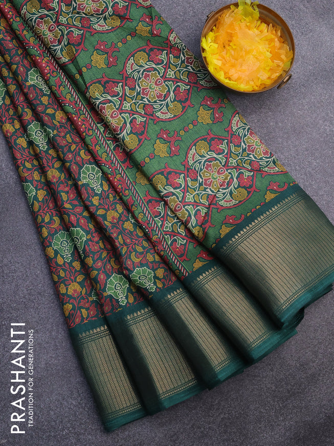 Semi dola saree dark green with allover floral prints and zari woven border