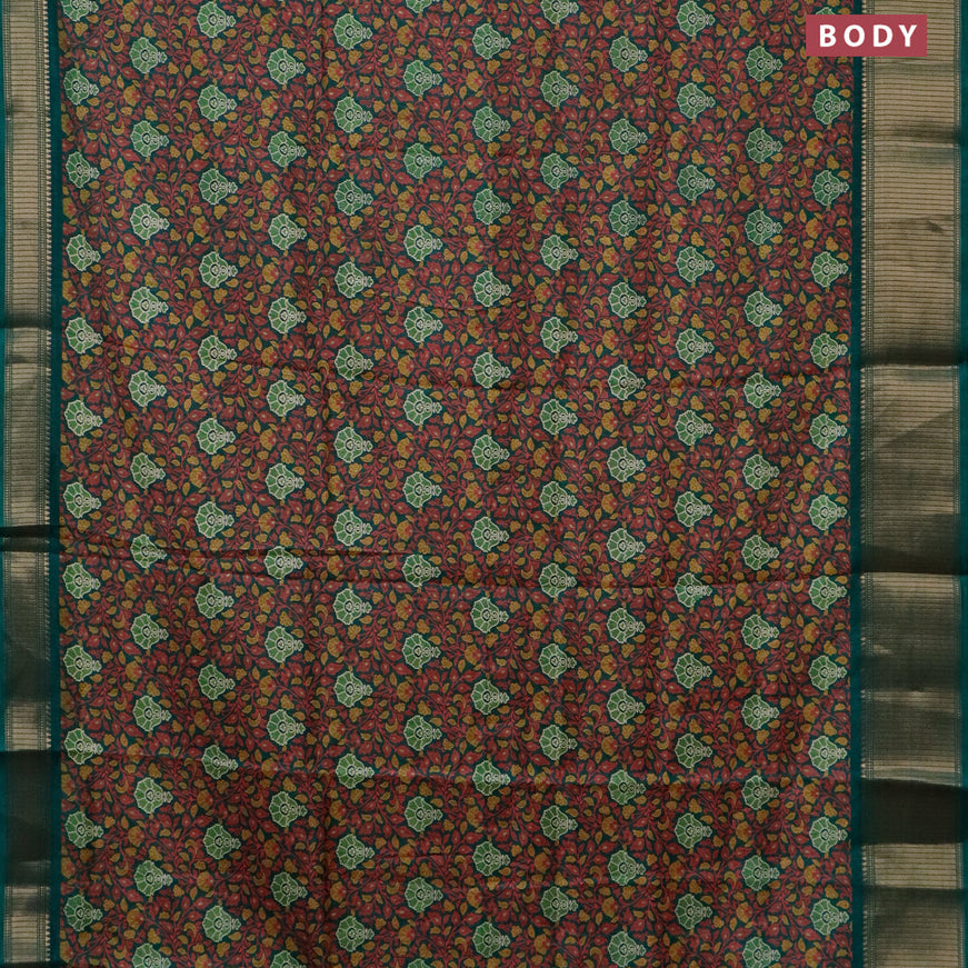 Semi dola saree dark green with allover floral prints and zari woven border