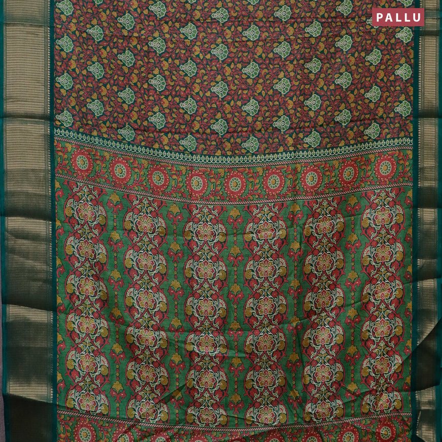 Semi dola saree dark green with allover floral prints and zari woven border