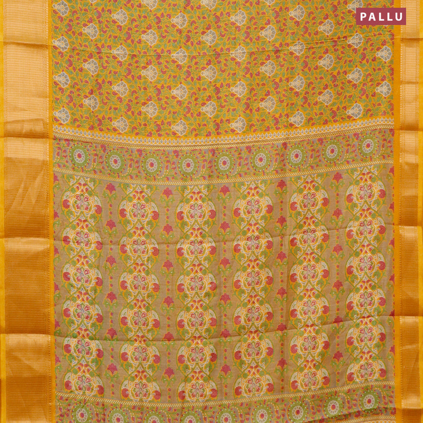 Semi dola saree mustard shade with allover floral prints and zari woven border