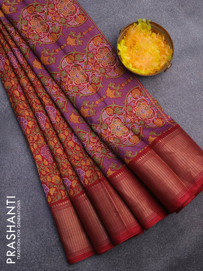 Semi dola saree maroon with allover floral prints and zari woven border