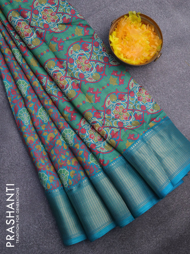 Semi dola saree teal green with allover floral prints and zari woven border