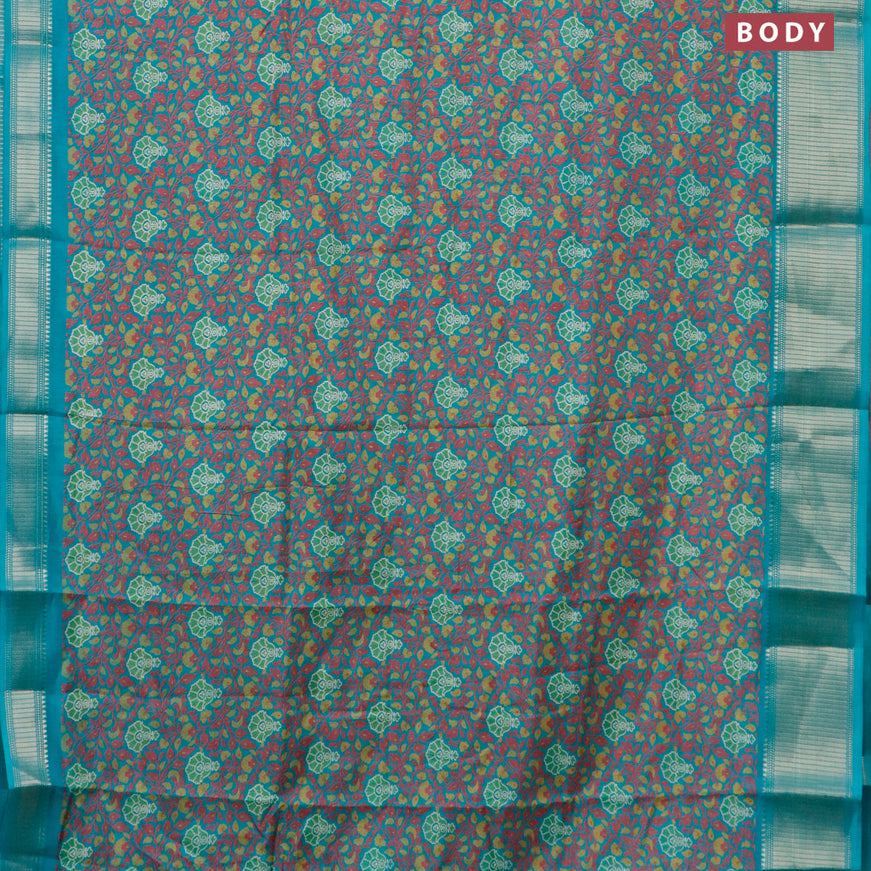 Semi dola saree teal green with allover floral prints and zari woven border