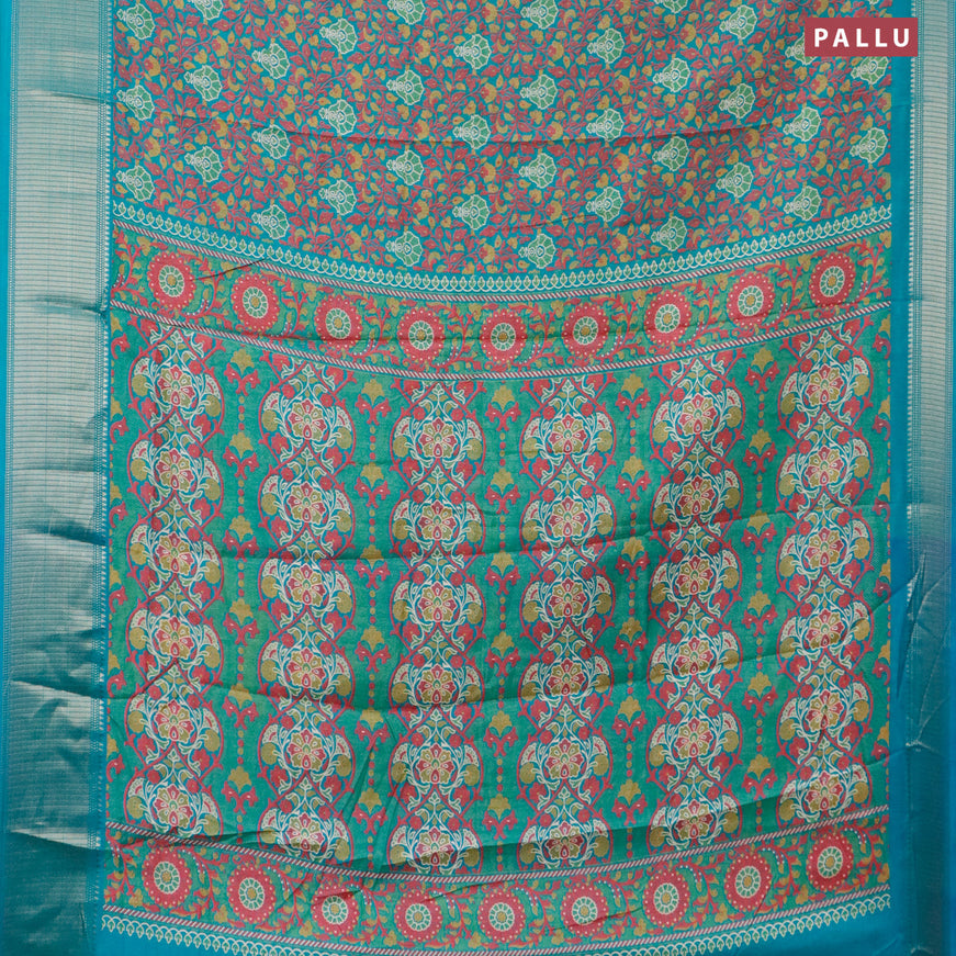 Semi dola saree teal green with allover floral prints and zari woven border