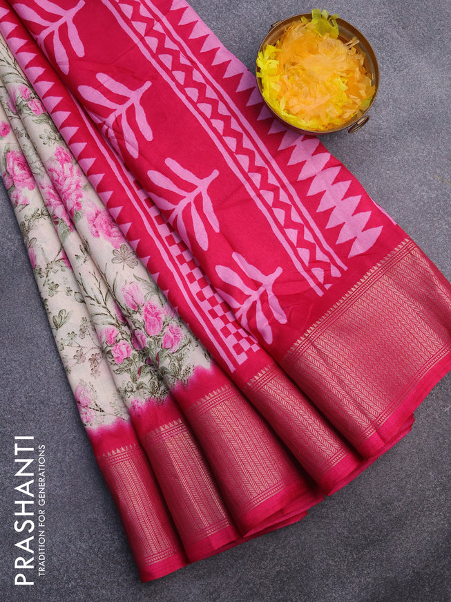 Semi dola saree cream and pink with allover floral prints and zari woven border