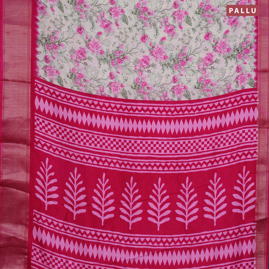 Semi dola saree cream and pink with allover floral prints and zari woven border