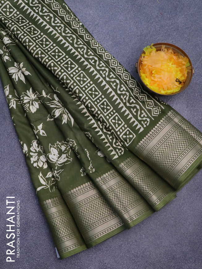 Semi dola saree olive green with allover floral prints and zari woven border