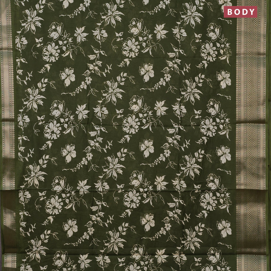 Semi dola saree olive green with allover floral prints and zari woven border