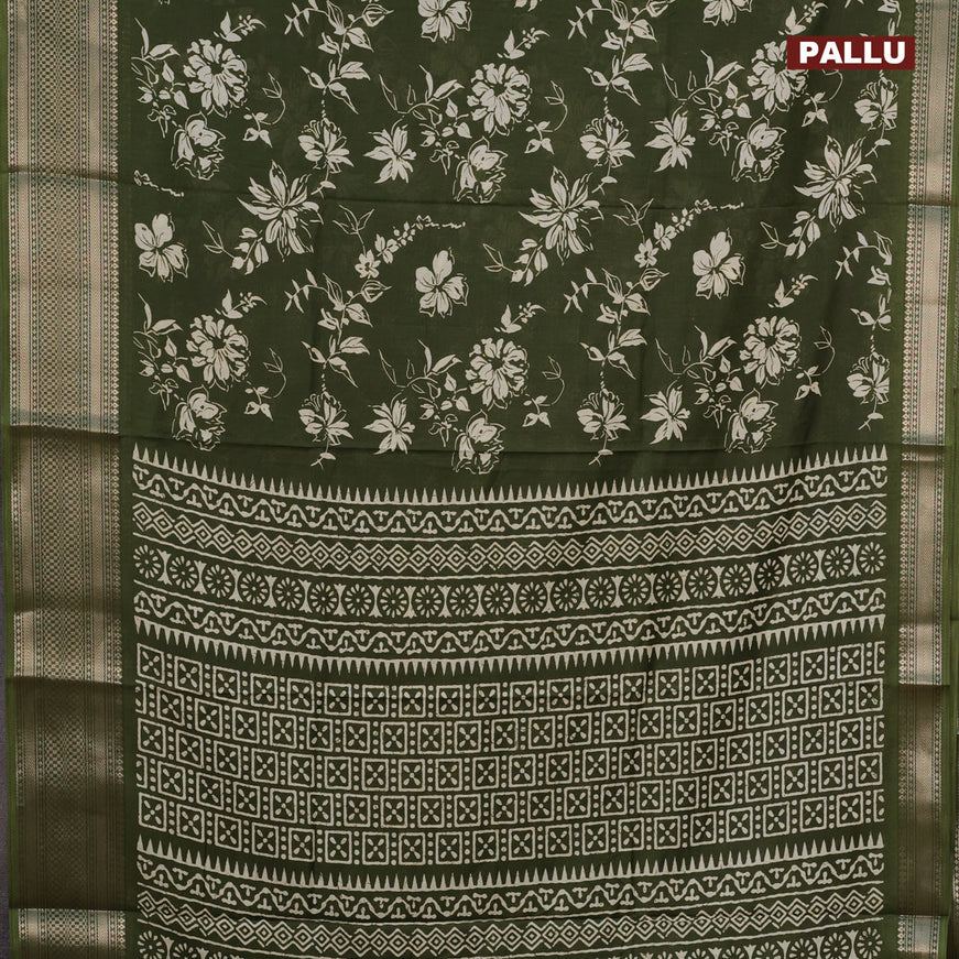 Semi dola saree olive green with allover floral prints and zari woven border