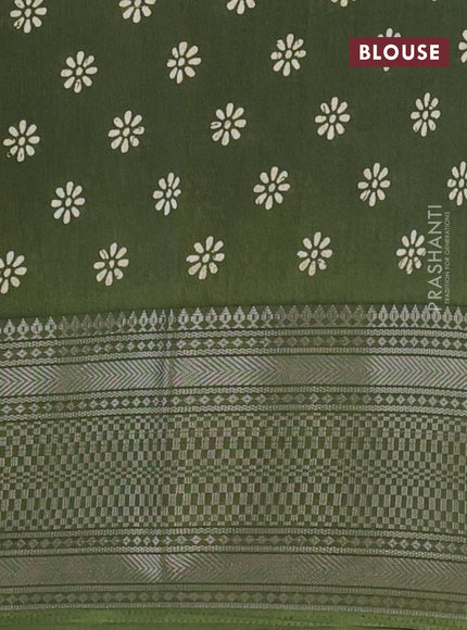 Semi dola saree olive green with allover floral prints and zari woven border