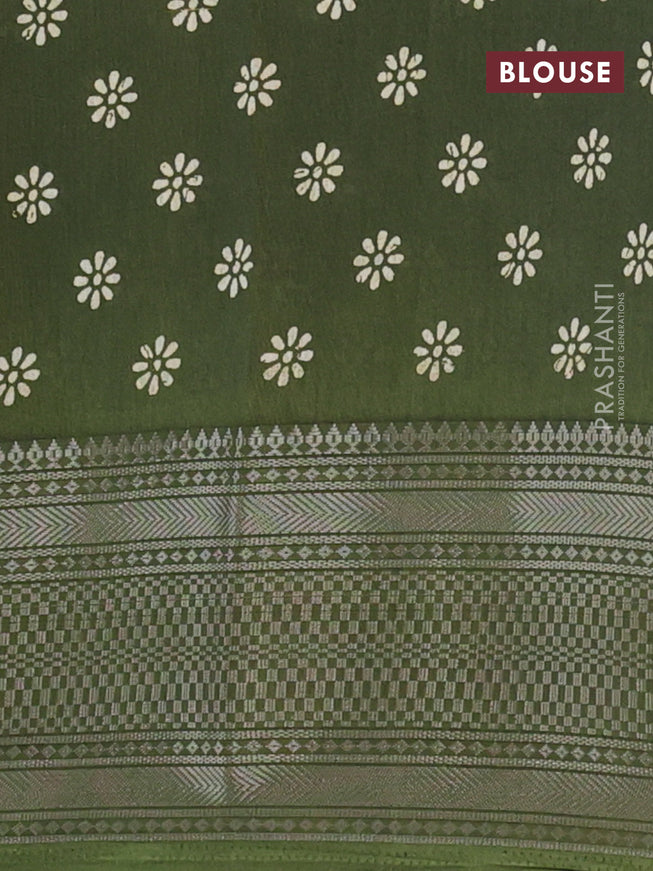 Semi dola saree olive green with allover floral prints and zari woven border