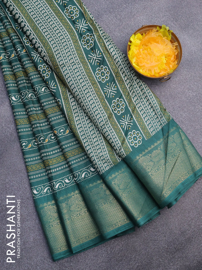 Semi dola saree green with allover prints and zari woven border