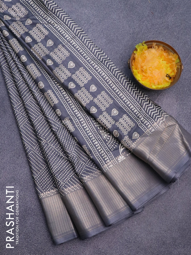 Semi dola saree elephant grey with allover bandhani prints and zari woven border