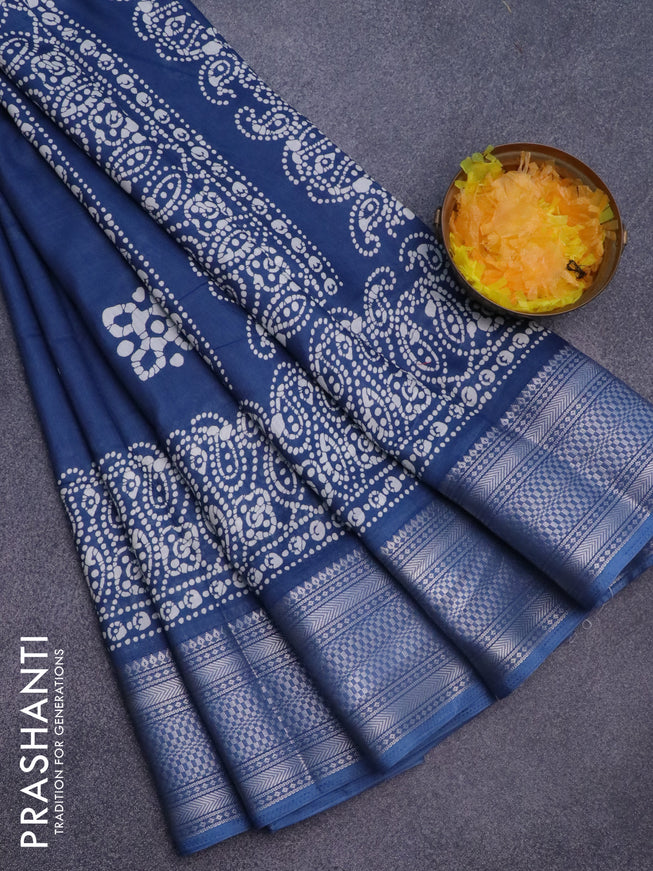 Semi dola saree peacock blue with batik butta prints and zari woven border