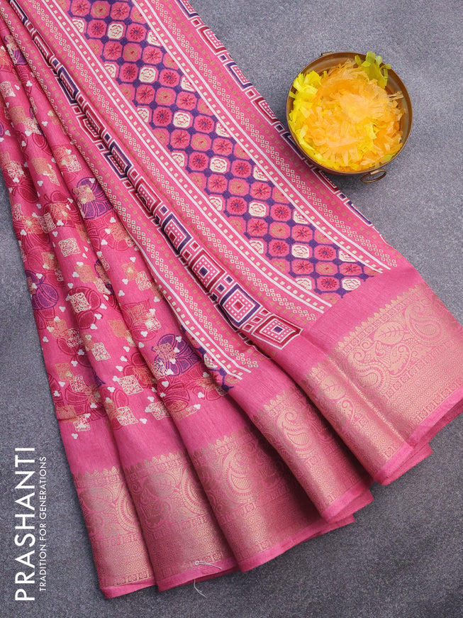 Semi dola saree pink with allover prints and zari woven border