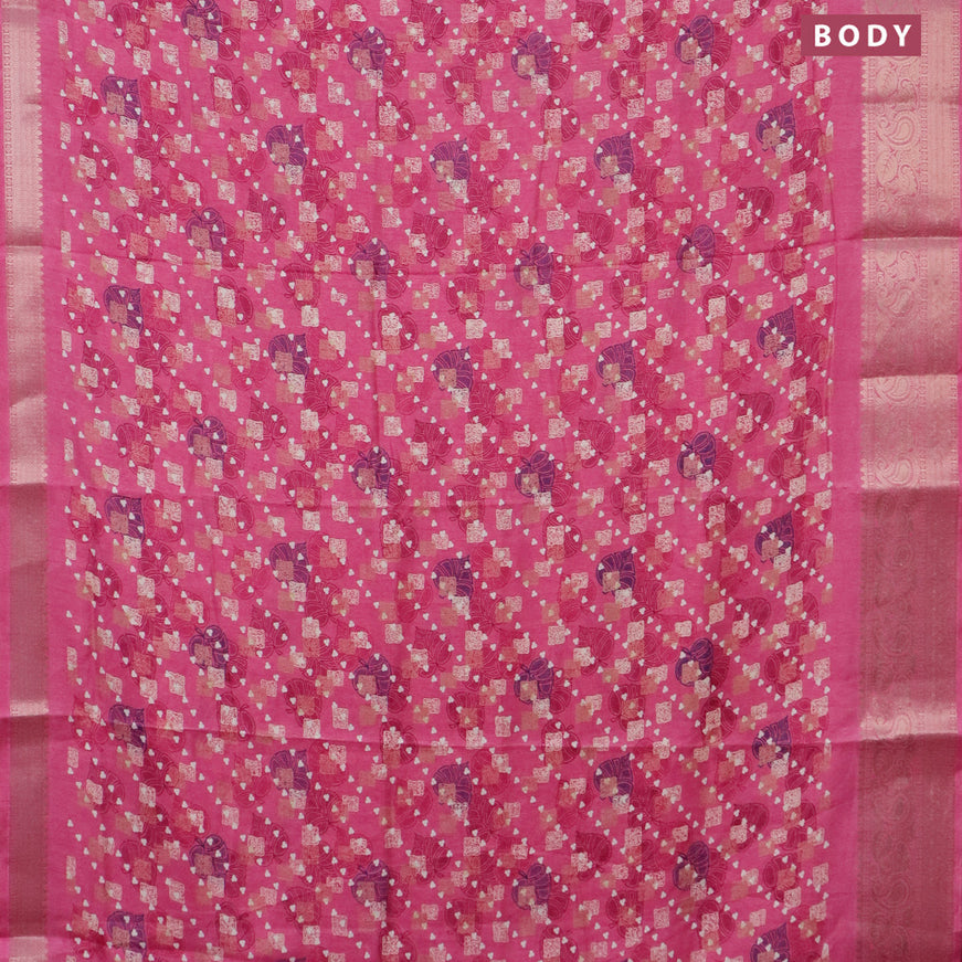 Semi dola saree pink with allover prints and zari woven border