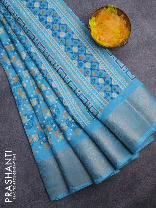 Semi dola saree light blue with allover prints and zari woven border