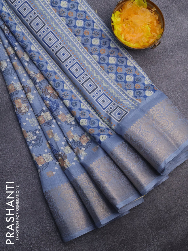 Semi dola saree grey with allover prints and zari woven border